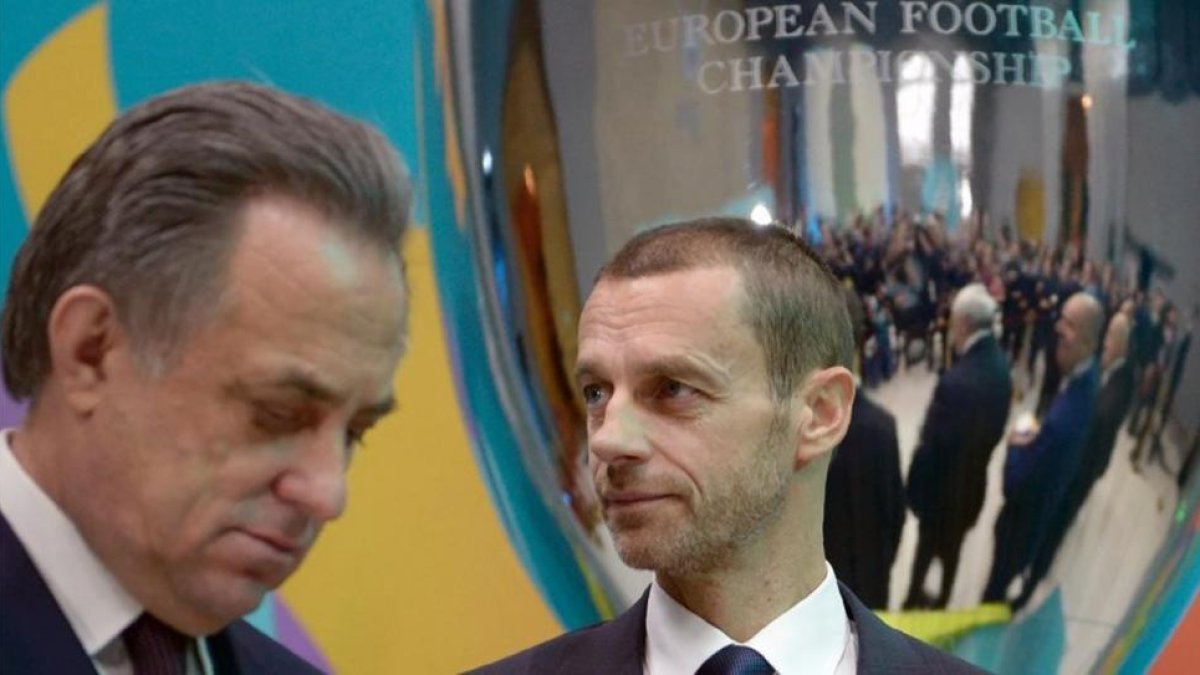 El primer ministro y presidente de la Federación Rusa de Fútbol, Valeri Mutko, junto al presidente de la UEFA, Aleksander Ceferin.-OLGA MALTSEVA