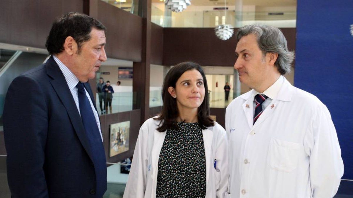 El consejero de Sanidad, Antonio María Sáez, junto a la doctora María Samaniego y el jefe del Servicio de Pediatría del hospital Río Hortega de Valladolid, Fernando Centeno-Ical