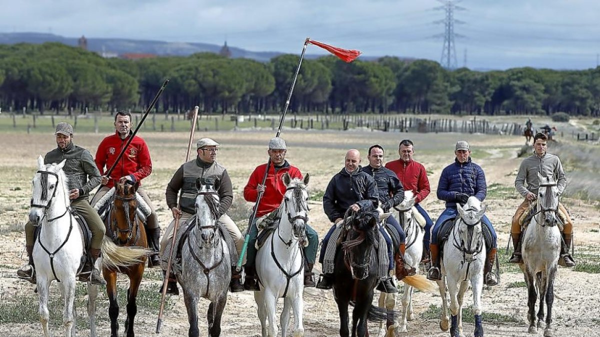Un grupo de caballistas pasea por Tordesillas junto a sus equinos antes de la clausura de las jornadas.-J.M. LOSTAU