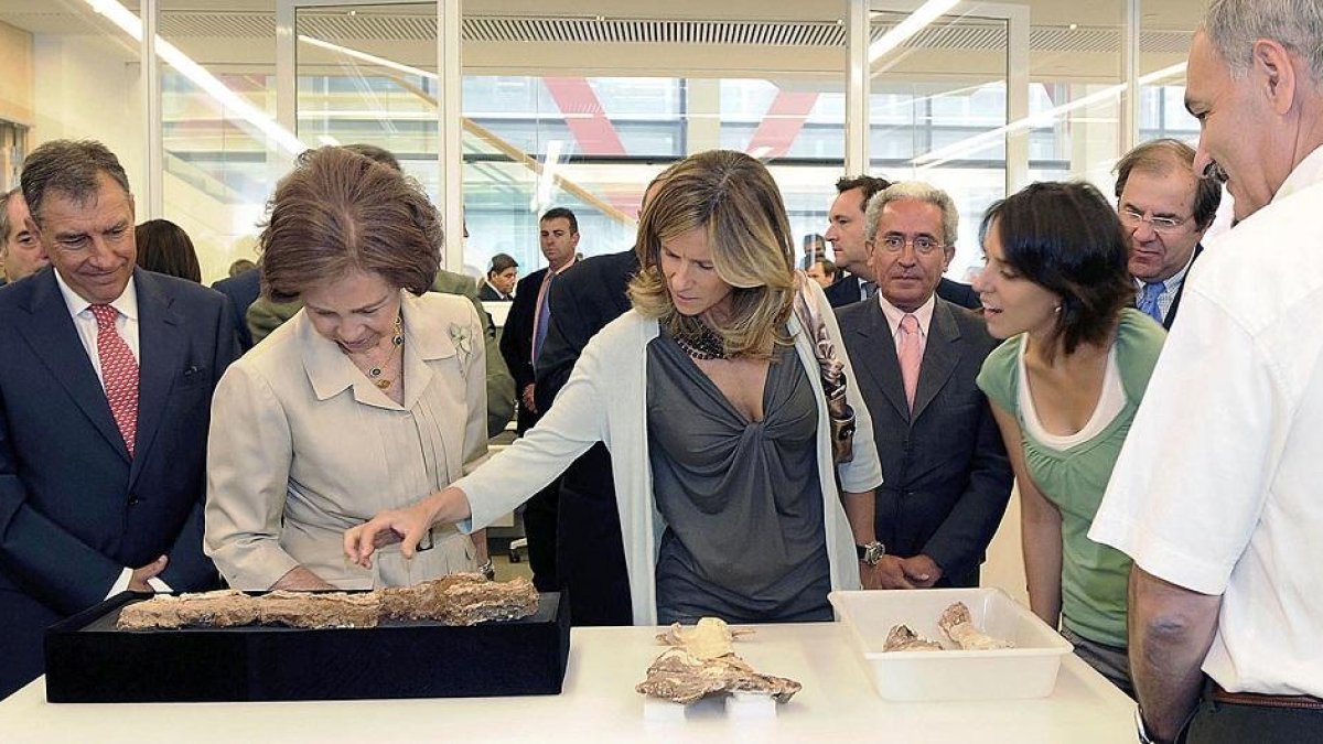 La reina Sofía observa una de las piezas del Cenieh durante la inauguración en kulio de  2009.-ICAL