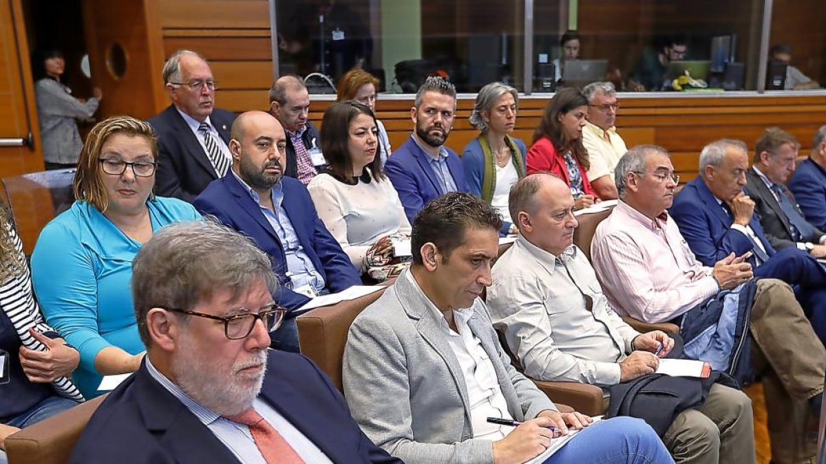 Santiago Aparicio, Vicente Andrés, Faustino Temprano, Evelio Angulo y Fernando Escobillas siguen el debate desde la tribuna de invitados.-J.M. LOSTAU