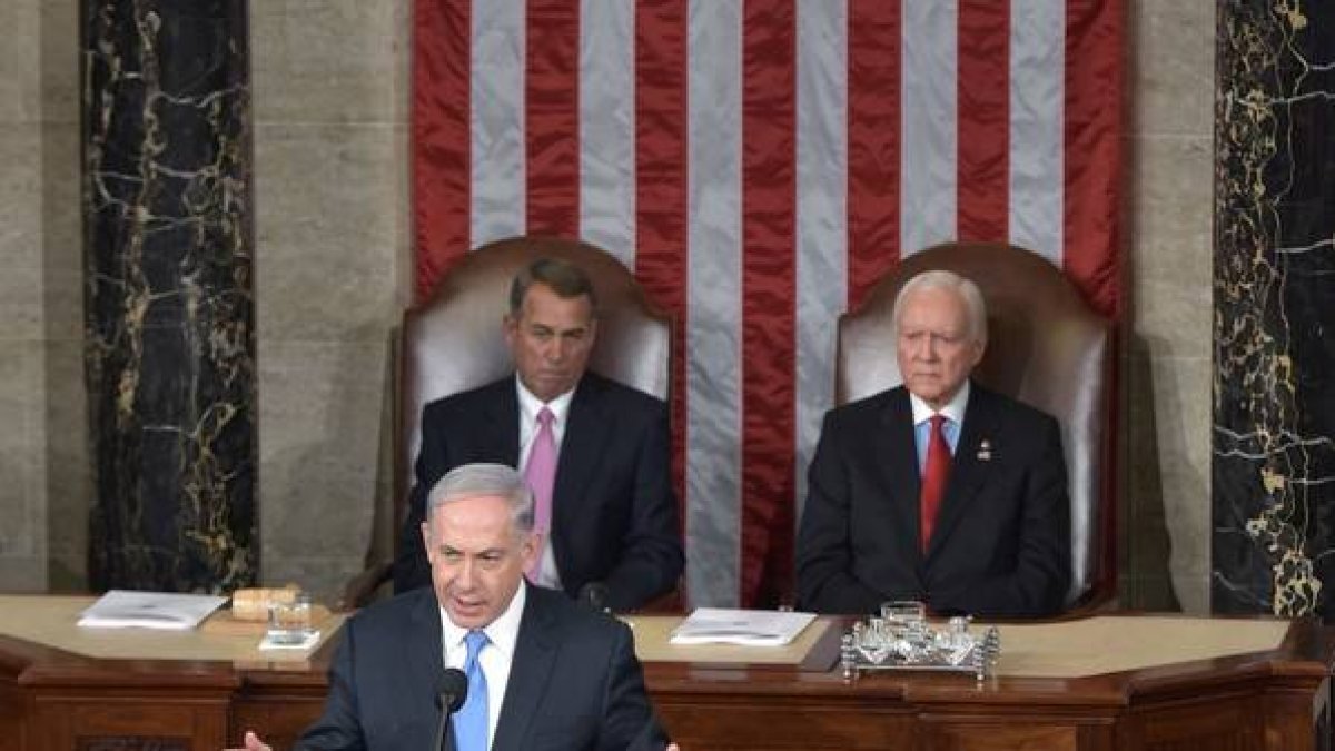 El primer ministro israelí, Binyamin Netanyahu, en su discurso ante el Congreso de EEUU.-Foto: AFP / MANDEL NGAN