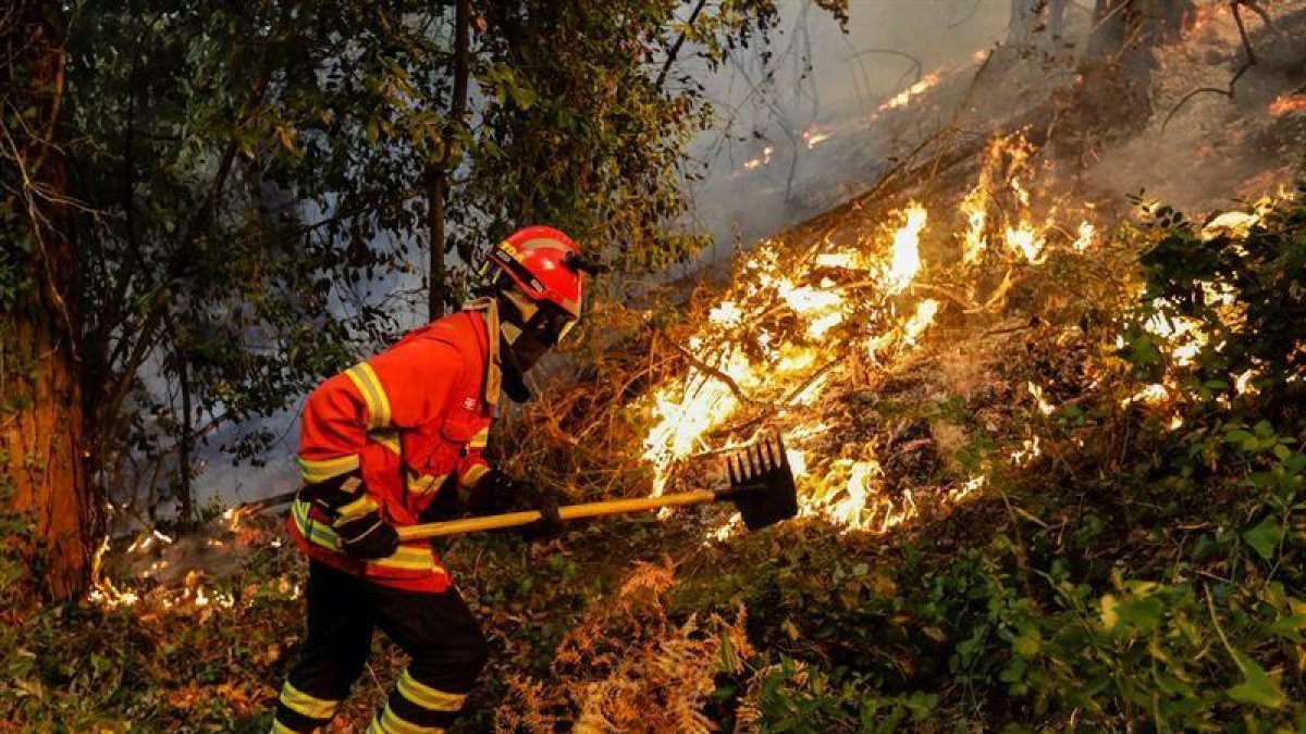 Un bombero trabaja en la escena de un incendio forestal cerca de la aldea de Cioga do campo, Cantanhede, Coimbra, Portugal.-EFE