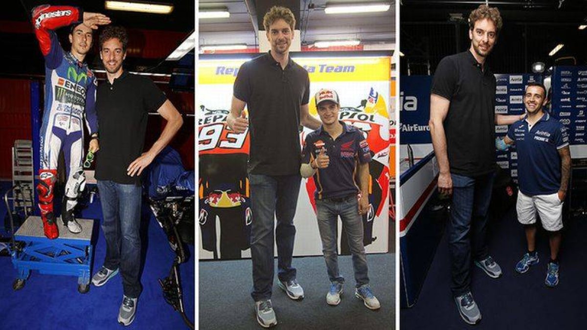 Pau Gasol posa con Jorge Lorenzo, Dani Pedrosa y Héctor Barberá en el Circuito de Cataluña.-Foto: MOTOGP.COM