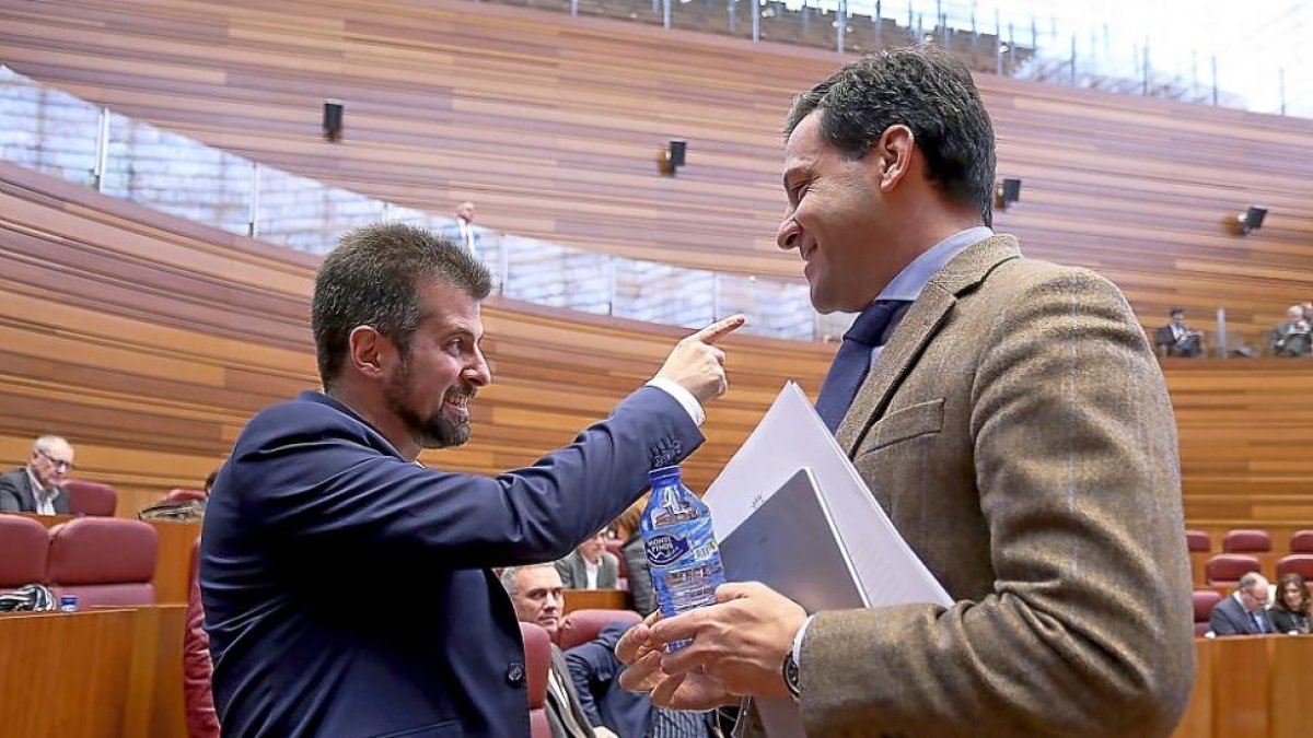 Los portavoces socialista, Luis Tudanca, y ‘popular’, Raúl de la Hoz, conversan en el Hemiciclo.-ICAL