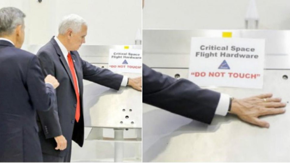 Mike Pence coloca su mano en un equipo de la NASA a pesar de la advertencia 'No tocar'.-INSTAGRAM