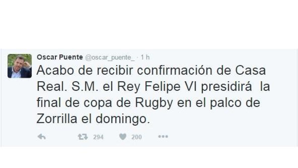 Óscar Puente, el gran impulsor de trasladar a Zorrilla la final, ve cumplido otro deseo. Ayer comunicó a través de twitter la presencia del Rey Felipe VI en el palco.-TWITTER