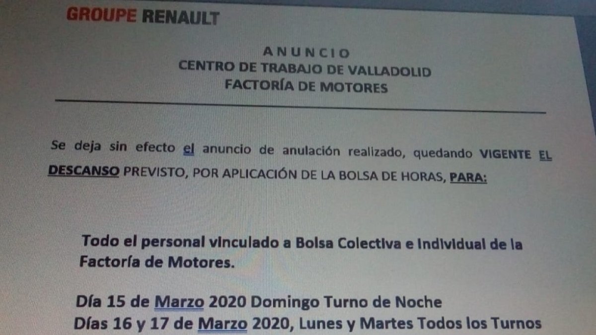 Nuevo comunicado de Renault, de esta mañana, en el que ahora sí se anuncia el cierre de la fábrica de Valladolid.