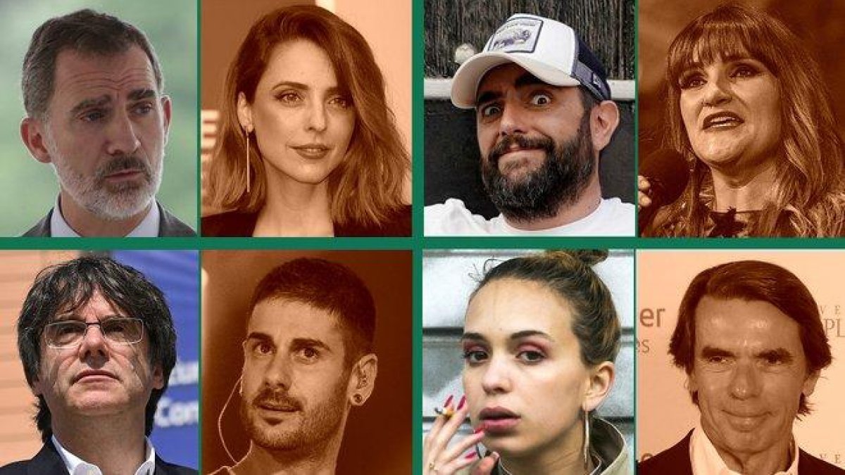 Algunas de las parejas que se han batido en duelo. En sepia, los caídos en el combate Famous Spanish War Bot. De arriba a abajo, y de izquierda a derecha, el Rey, que mató a Dolera; Dani Mateo-Rozalén; Puigdemont-Melendi, y Bad Gyal-Aznar.-
