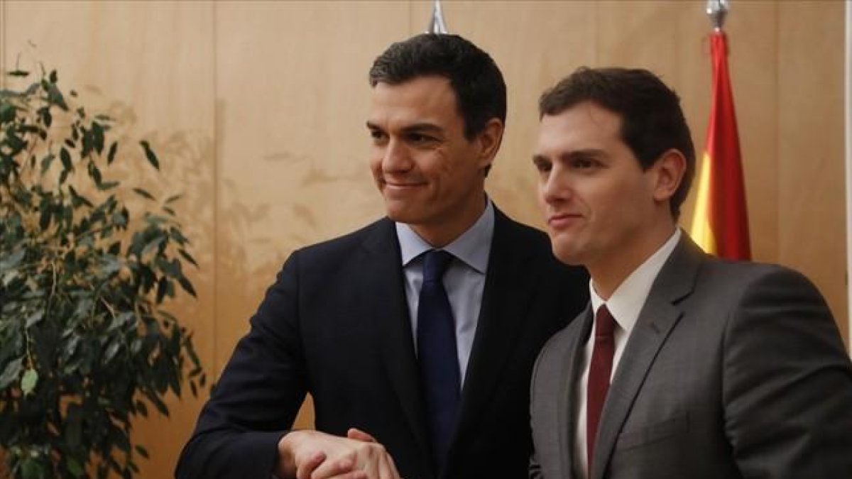 Los líderes del PSOE y de Ciudadanos, Pedro Sánchez y Albert Rivera, en una reciente reunión en el Congreso.-AGUSTÍN CATALAN