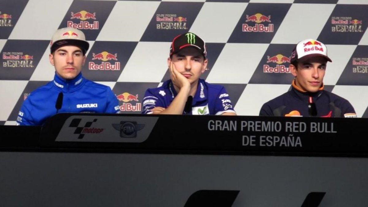 Maverick Vinales Jorge Lorenzo y Marc Marquez en la conferencia de prensa en Jerez.-EMILIO PÉREZ DE ROZAS