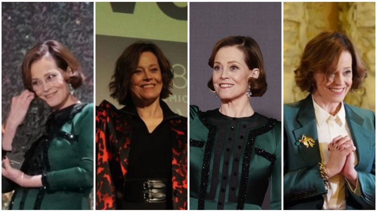 Sigourney Weaver en diferentes momentos vividos en Valladolid, como en la recogida de los Goya, en la alfombra roja, en el Teatro Carrión y en el Ayuntamiento de Valladolid. E.M. / PHOTOGENIC / ICAL