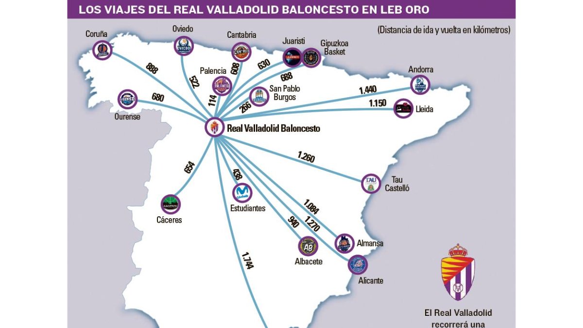 Mapa de la LEB-Oro con el UEMC Real Valladolid baloncesto como protagonista. / EL MUNDO