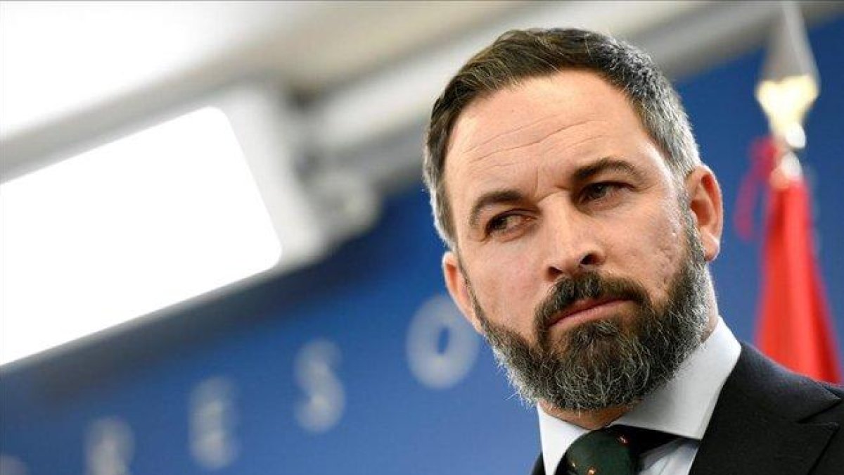El presidente de Vox, Santiago Abascal, en rueda de prensa en el Congreso-VICTOR LERENA (EFE)
