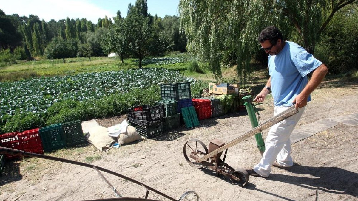 Un agricultor muestra los elementos con los que trabaja de forma natural en su explotación agrícola en ecológico, ubicada en la provincia de Segovia.-ICAL