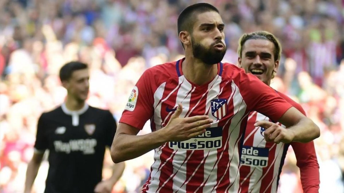 Carrasco celebra un gol al Sevilla en el Wanda Metroplitano.-PIERRE-PHILIPPE MARCOU
