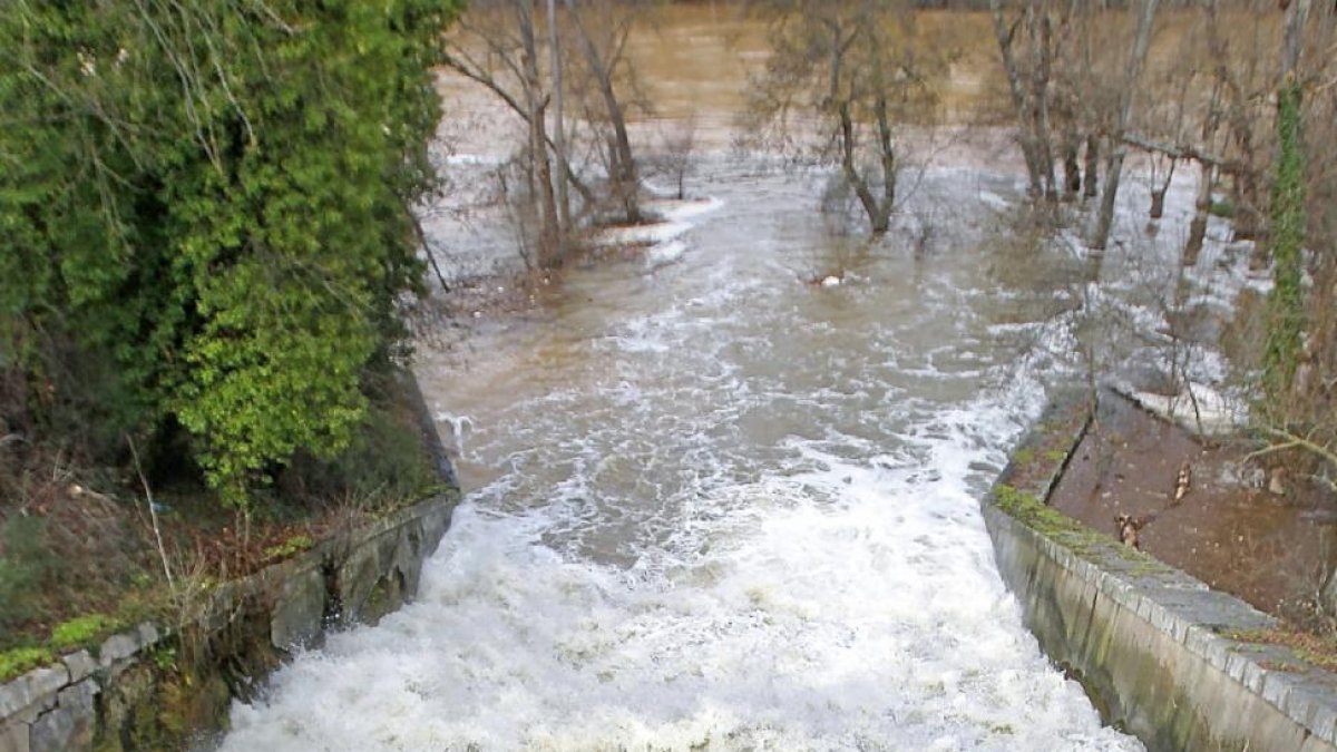 El agua corre a raudales enla cascada que da lugar a la desembocadura del Esgueva en el río Pisuerga.-J. M. Lostau