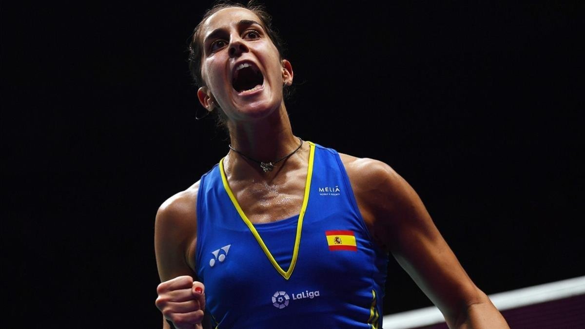 Carolina Marín celebra un punto.-AFP / JOHANNES EISELE