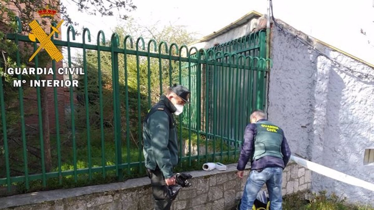 Dos agentes del Seprona inspeccionan el escenario del hallazgo de un gato muerto por presunto envenenamiento. - GUARDIA CIVIL VALLADOLID