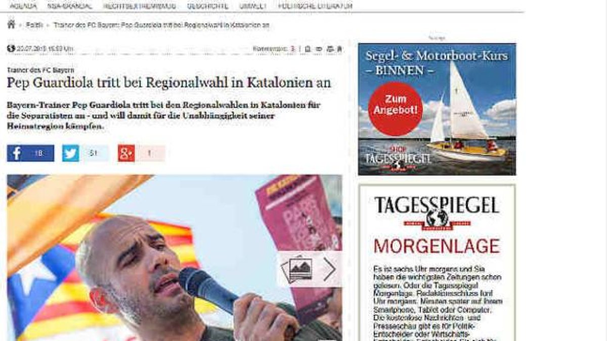 El diario alemán 'Der Taggespiegel' se hizo eco de la noticia de Guardiola a través de su web.-Foto: 'Der Taggespiegel' Web