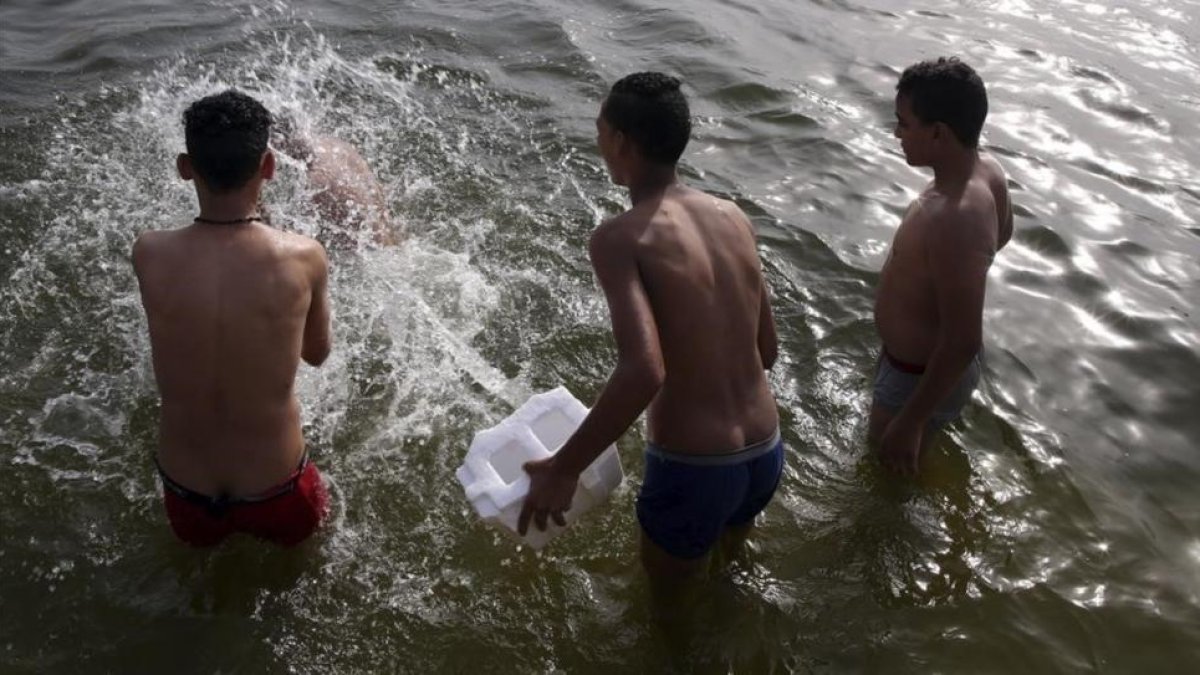 Varias perosnas nadan en un lago de El Cairo este miércoles por la ola de calor.-KHALED ELFIQI