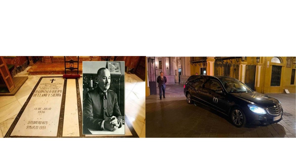 Basílica de la Macarena donde estaban los restos de Queipo de Llano, en la imagen, y momento de la exhumación.| TWITTER ARMH