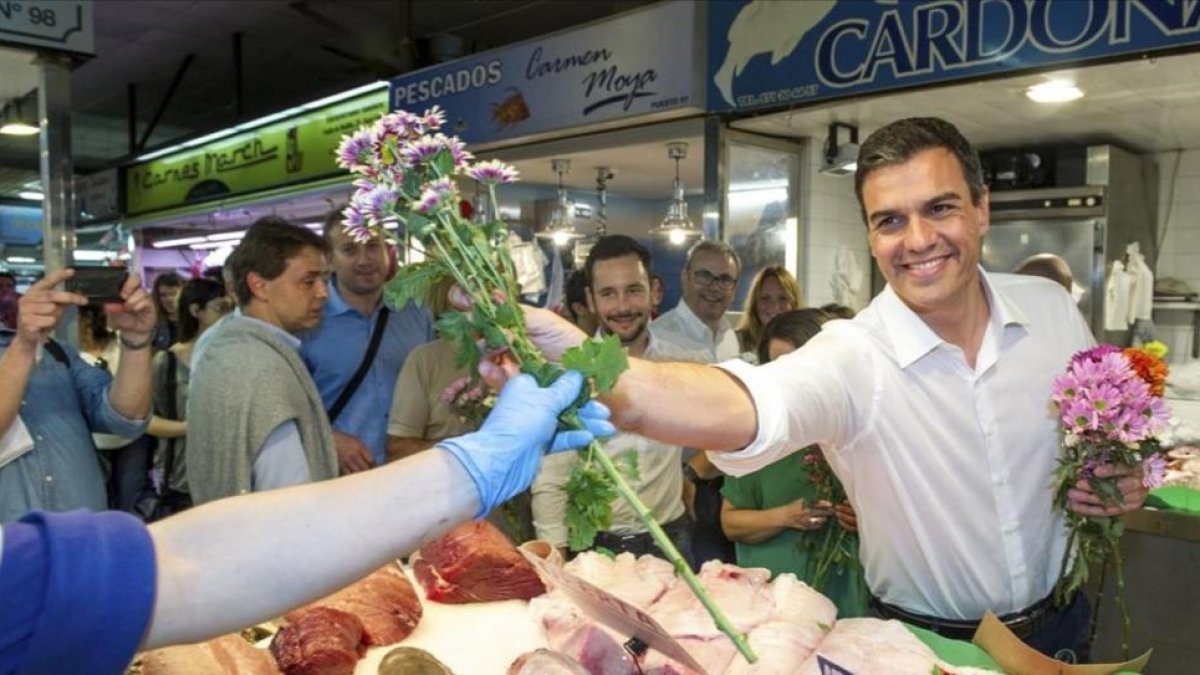 El candidato del PSOE, Pedro Sánchez, de precampaña en un mercado de Ibiza.-EFE / SERGIO G. CAÑIZARES