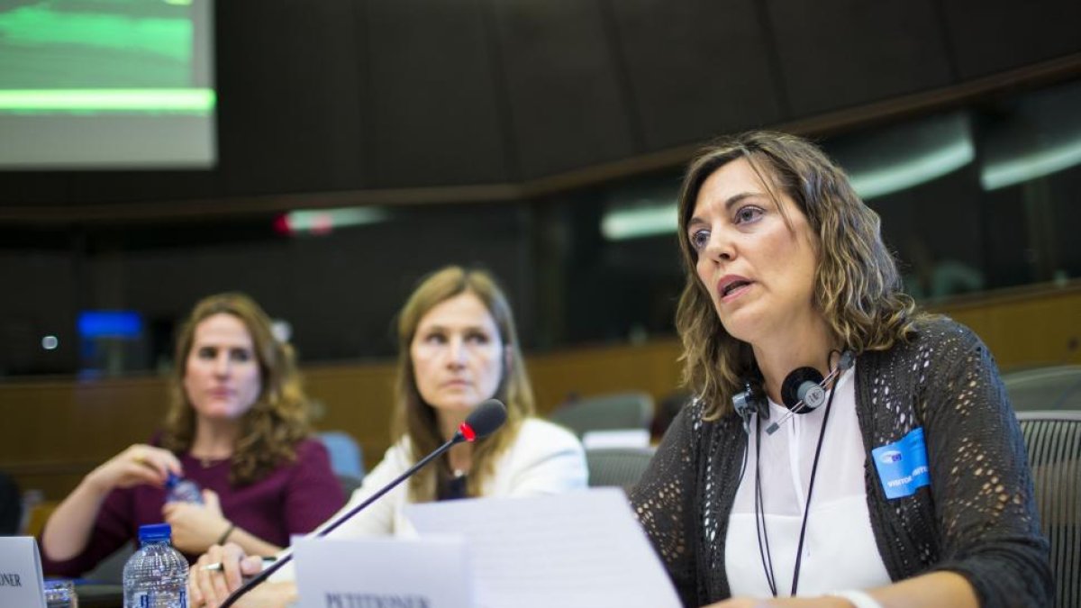 La consejera de Agricultura y Ganadería, Milagros Marcos, interviene en la Comisión de Peticiones del Parlamento Europeo para pedir que se investigue si el cierre de Lauki en Valladolid es una deslocalización planificada por el Grupo Lactalis.-ICAL