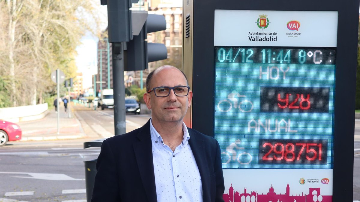 El concejal del PSOE, Luis Vélez, junto al contador de bicicletas y patinetes del Paseo Isabel la Católica - E.M.