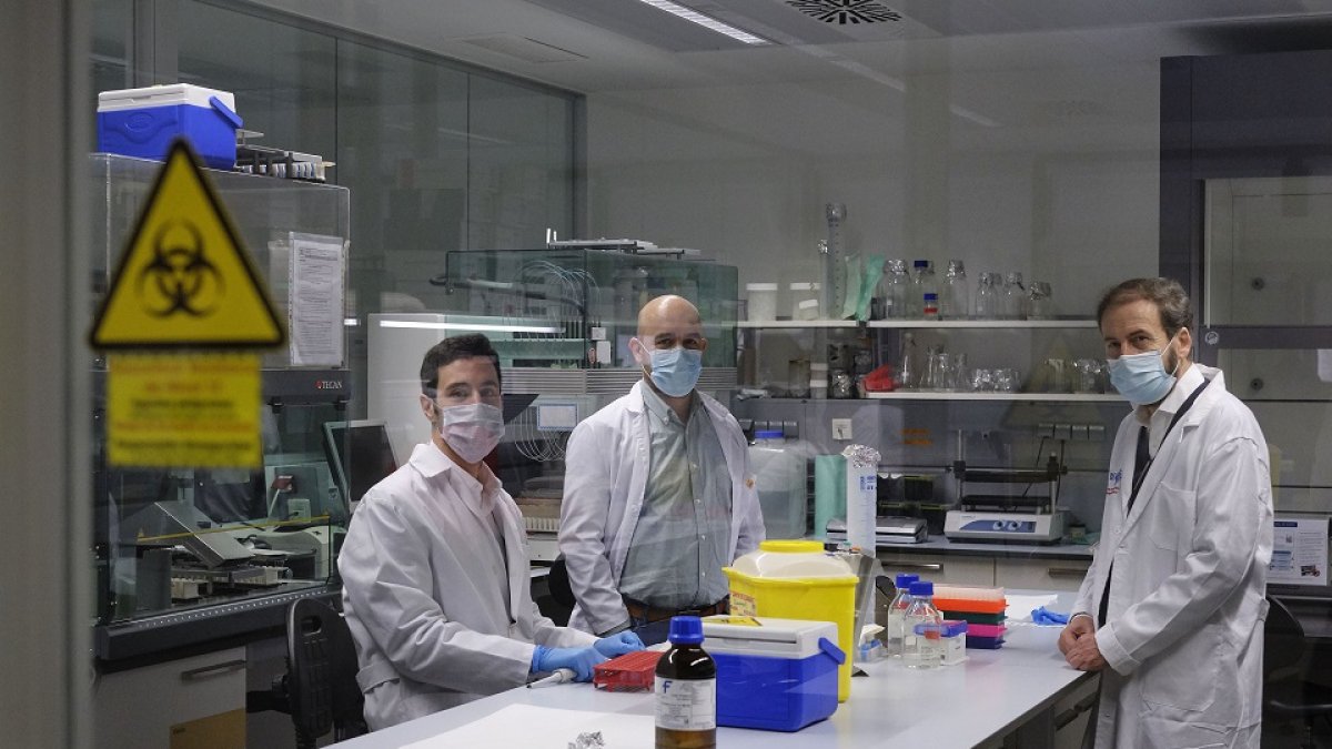 Javier I. Muñoz González, Andrés C. García-Montero y Alberto Orfao en el centro del Cáncer de Salamanca. | ENRIQUE CARRASCAL