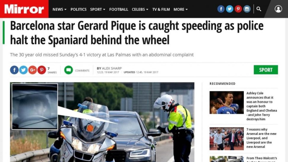 La noticia del 'Daily Mirror', desmentida por Piqué, según la cual fue detenido cuando circulaba a 190 km/h-