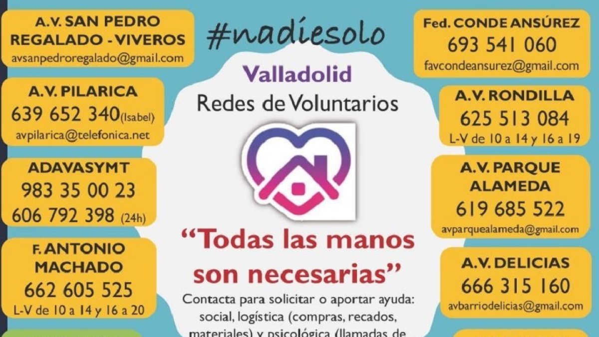 Cartel con los teléfonos de entidades que prestan ayuda voluntaria a quien lo necesite en Valladolid.