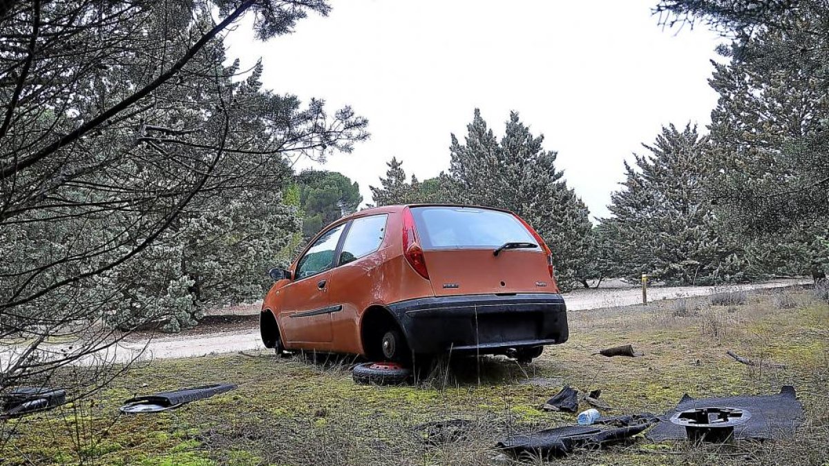 Vehículo abandonado cerca del Camino de los Arenales ayer, en los pinares de Aldeamayor de San Martín.-SANTIAGO