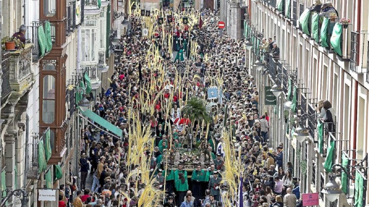 El paso de la 'Borriquilla' rodeado de palmas a su paso por la calle Platerias-M. Á. SANTOS