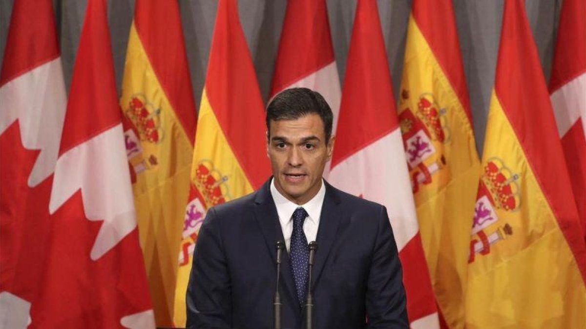 El presidente del Gobierno, Pedro Sánchez, en rueda de prensa en Montreal (Canadá), el pasado 23 de septiembre.-EFE / BALLESTEROS