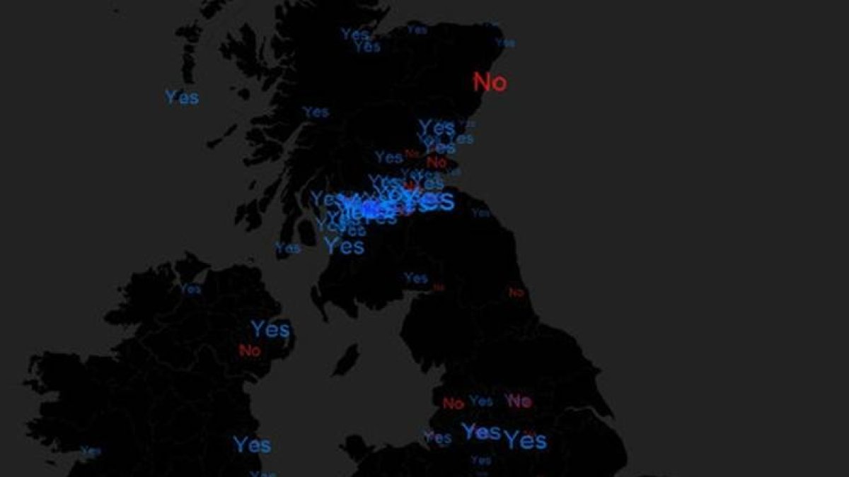 Mapa de las tendencias en Twitter con los 'tuits' favorables y en contra de la independencia de Escocia.-Foto: TRENDSMAP