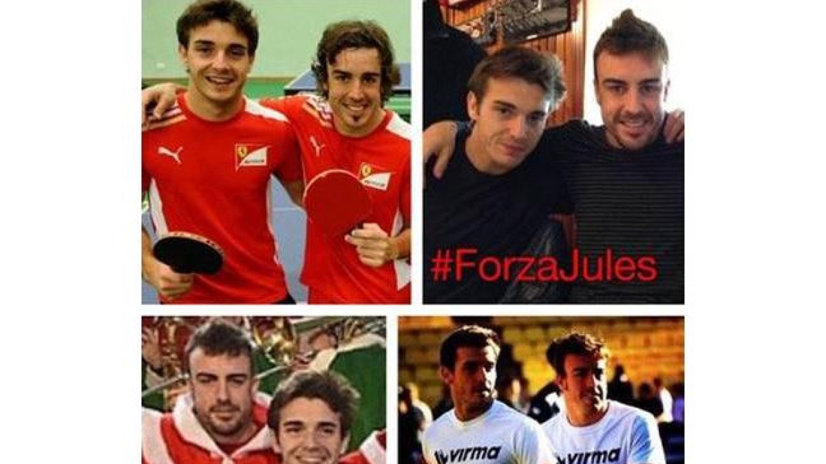 Las cuatro fotografías de Fernando Alonso y Jules Bianchi que el piloto asturiano ha colgado en su perfil de Twitter en lugar de su avatar personal.-