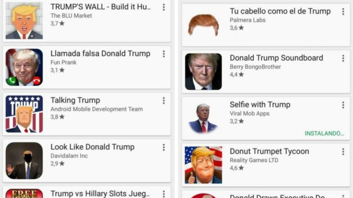 Una muestra de los cientos de aplicaciones sobre Donald Trump disponibles en Play Store.-