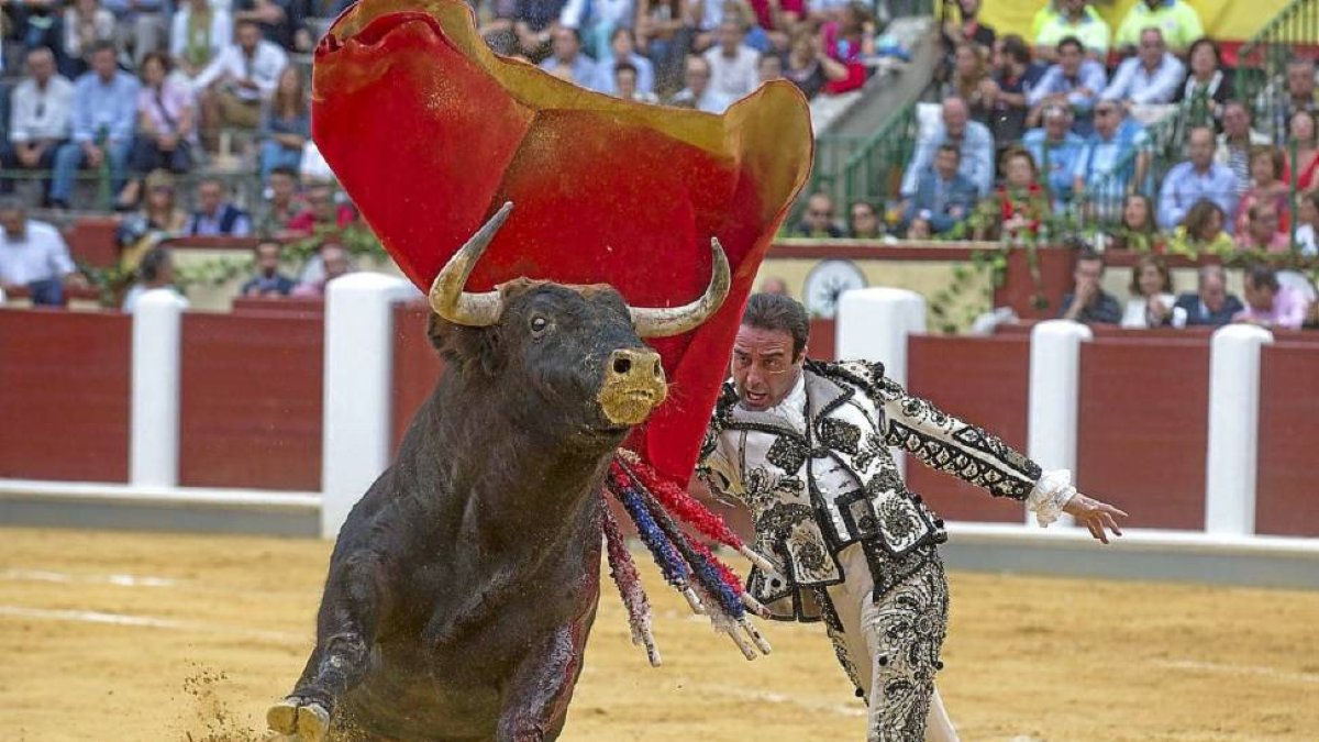 Enrique Ponce hace saltar al toro en uno de los pases de muleta.-José Salvador.