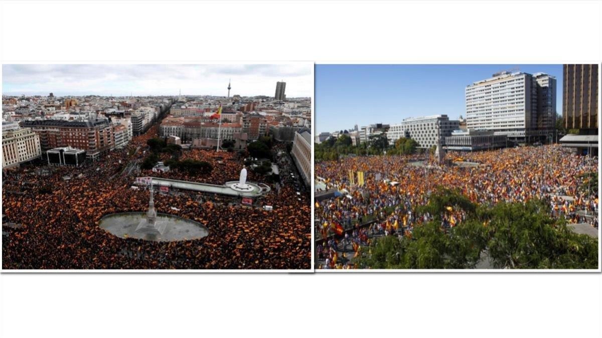 A la izquierda, una imagen de la manifestación de este domingo. A la derecha, la concentración del 2017.-