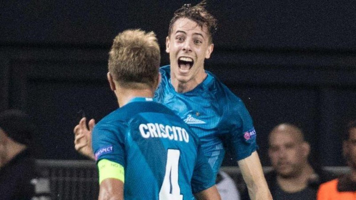 El delantero del Zenit, Luka Djordjevic, celebra el gol de la victoria de los rusos ante el Maccabi (3-4).-JACK GUEZ / AFP