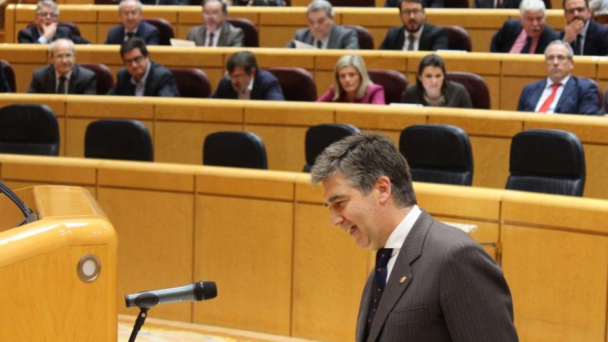 El senador por Castilla y León, Ignacio Cosidó, en la jura de acatamiento de la Constitución, adquiriendo su condición plena de senador, durante el pleno del Senado-ICAL
