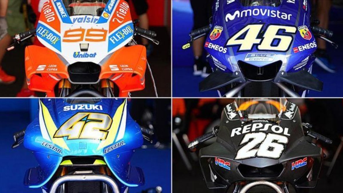 Están son las cúpulas, con todo tipo de artilugios aerodinámicos, de la Ducati (99), Yamaha (46), Suzuki (42) y Honda (26).-ALEJANDRO CERESUELA