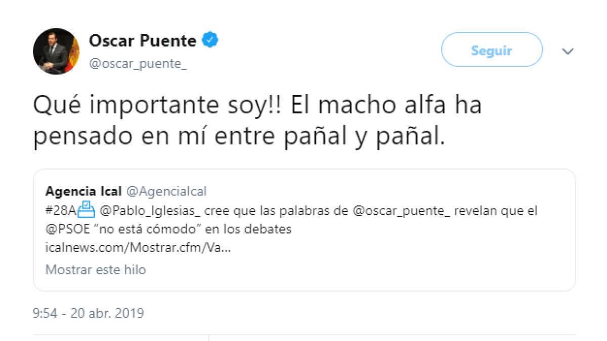 Tuit de Óscar Puente en el que responde a las palabras de Pablo Iglesias-TWITTER
