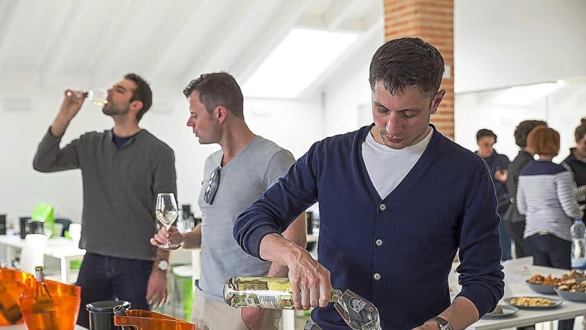 Tres visitantes catan distintas referencias de vino blanco en la sede de la Denominación Rueda.-CR RUEDA