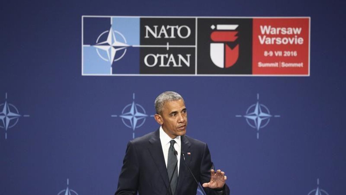 El presidente estadounidense, Barack Obama durante una rueda de prensa celebrada en el marco de la cumbre de la OTAN en Varsovia, Polonia.-EFE