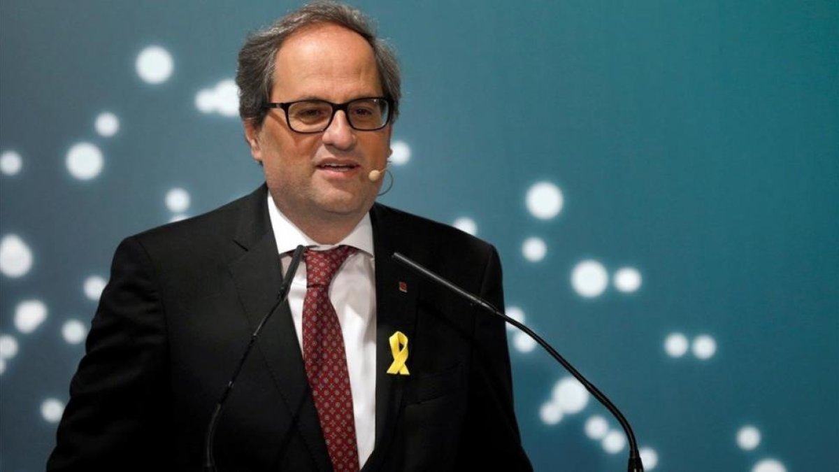 Quim Torra, este viernes, durante su intervención en un foro empresarial en La Seu dUrgell.-/ NANDO GALINDO (EFE)