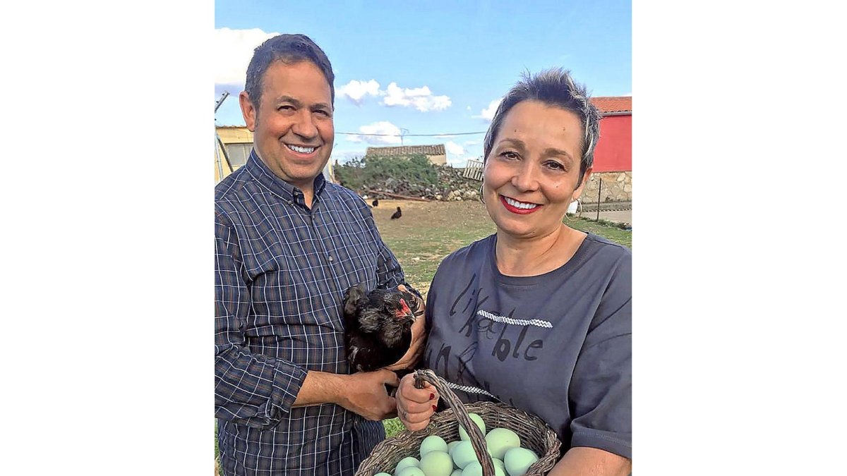 Tomás Regatos y Justi Villanueva muestran los huevos de sus gallinas mapuches o araucanas en su explotación.-E.M.