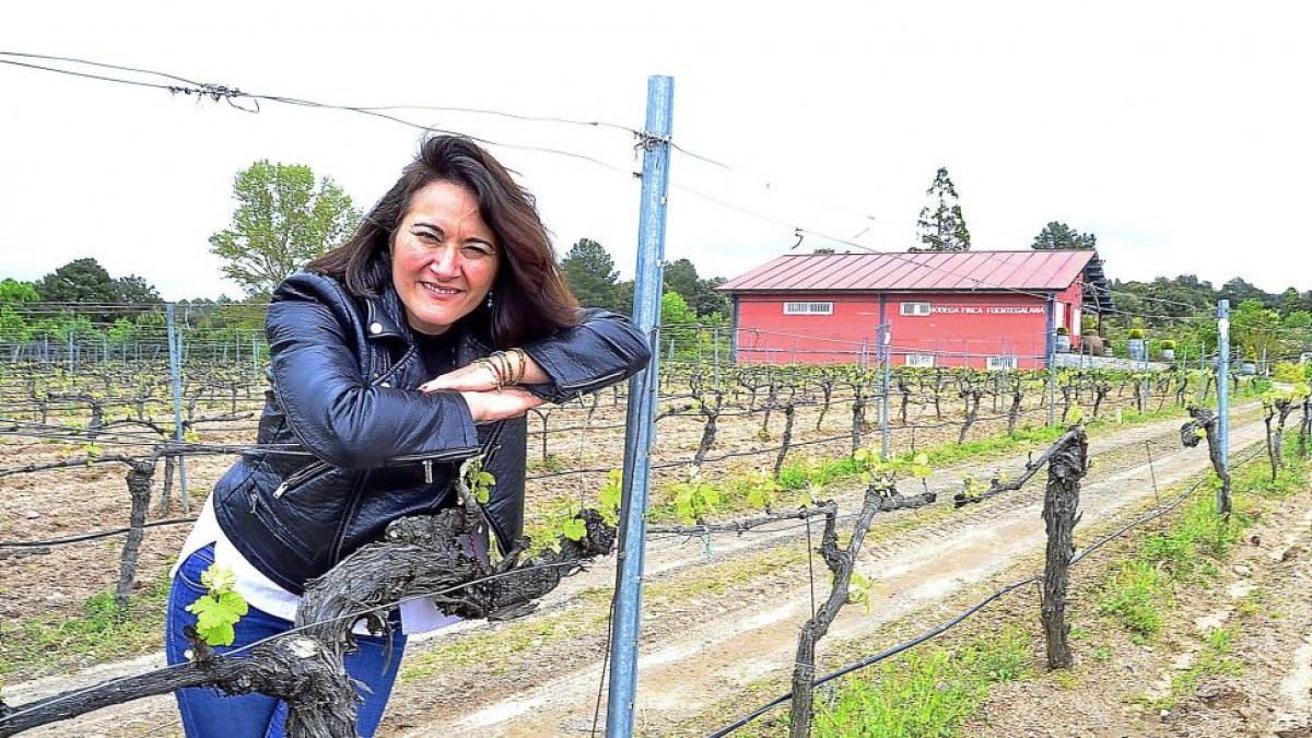 La enóloga Cristina Carrillo, junto a los viñedos y la pequeña bodega, situados en el límite entre la Comunidad de Madrid y el sur de la provincia de Ávila.-ARGI