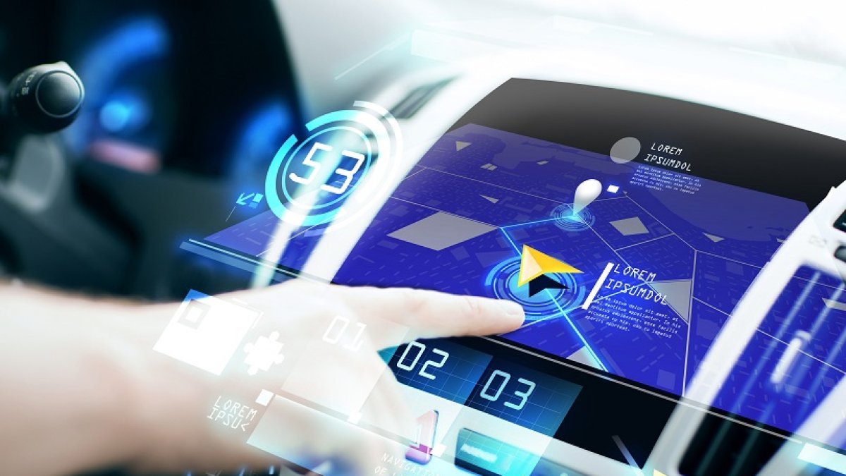 transport, destination, modern technology and people concept - male hand searching for route using navigation system on car dashboard screen
